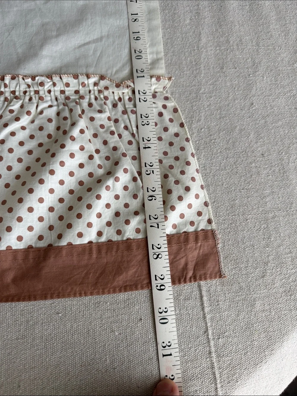 Vintage ruffled cream & muted terra cotta brown polka dot cafe curtain valances